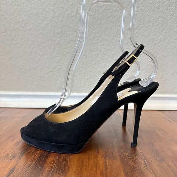 JIMMY CHOO LONDON Black Suede Nova Slingback Sandals Peep Toe - Picture 1 of 11